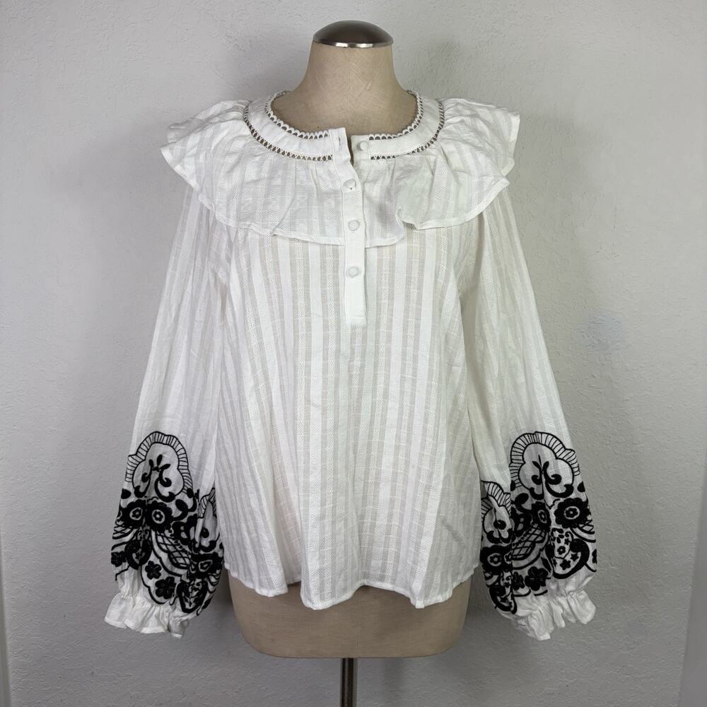Savanna Jane White striped Embroidered blouse Ballon Sleeves size S, Boho, NWT